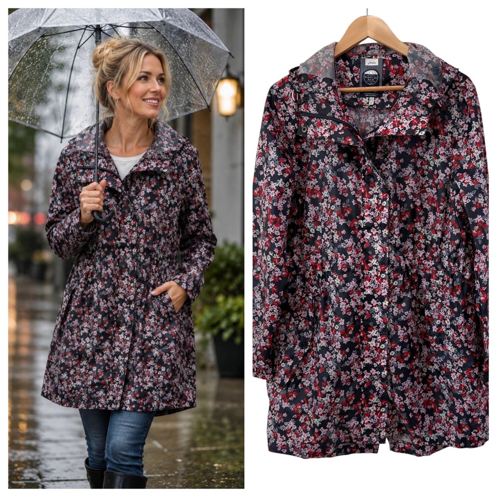 Joules Raincoat Size 10 Right As Rain Jacket Hooded Navy Ditsy Floral Waterproof